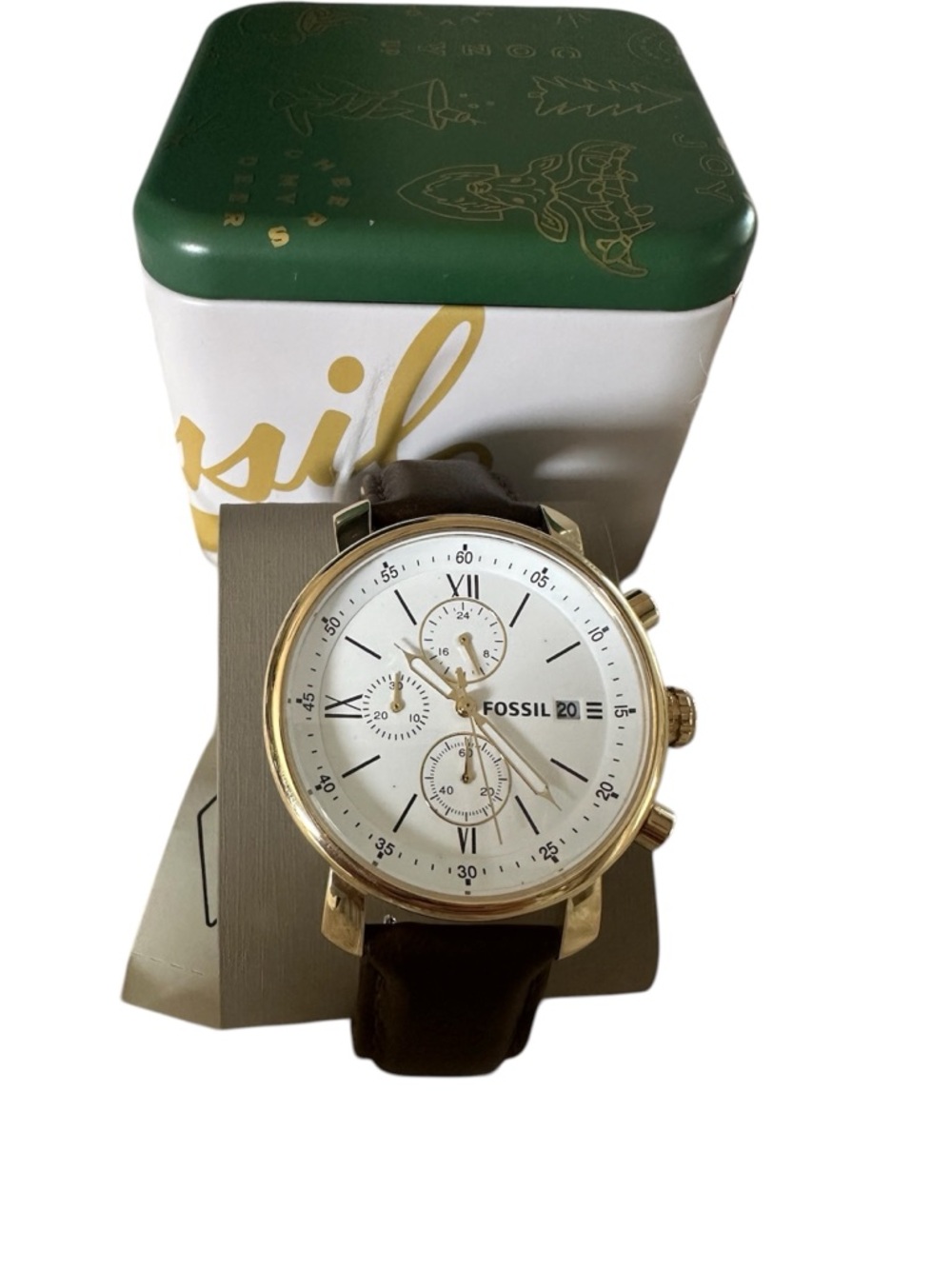 Fossil Men’s Gold Case White Dial Brown Leather Chronograph Watch BQ1009
